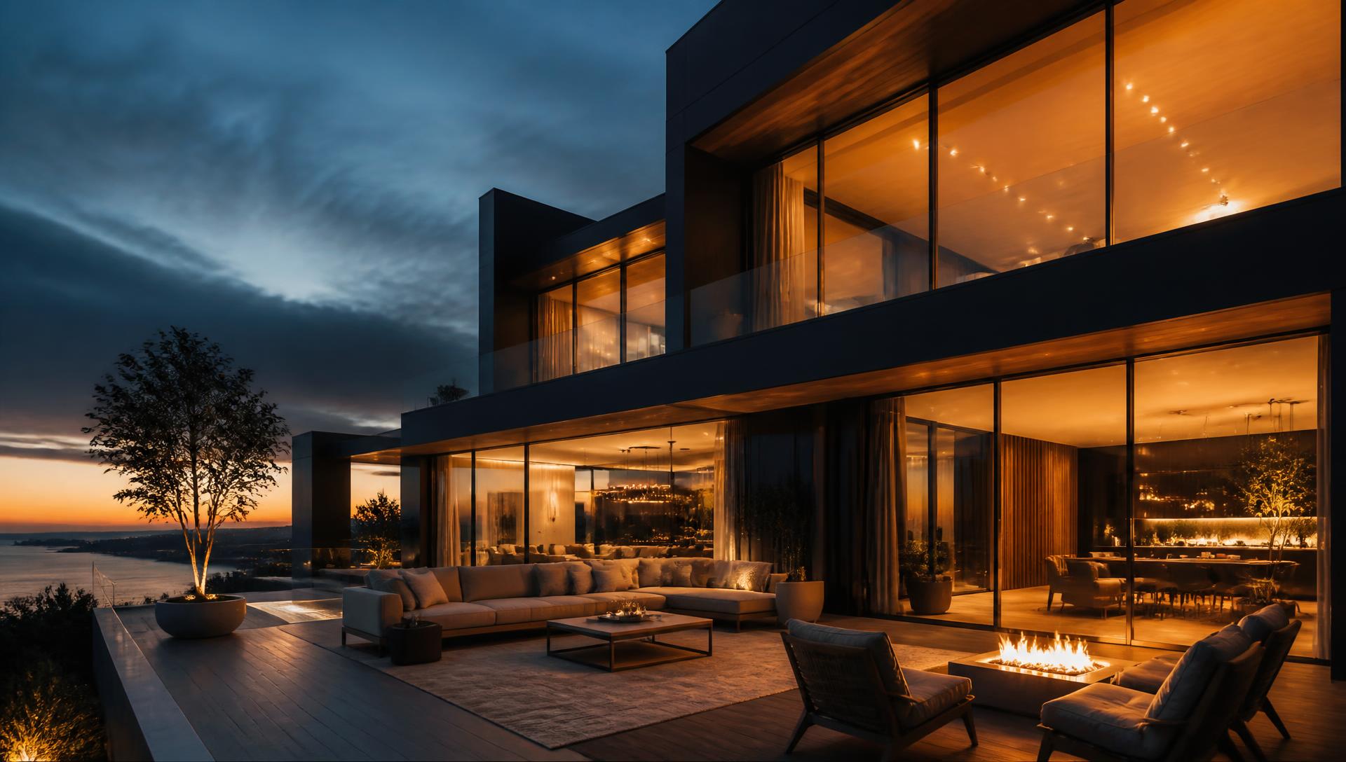 Casa de alto padrão ao entardecer com interiores iluminados